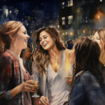 Aquarell: Drei lachende Frauen mit Weingläsern bei nächtlicher Outdoor-Party | Watercolor: Three laughing women with wine glasses at a nighttime outdoor party