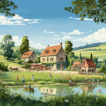 Idyllisches französisches Dorf mit Bauernhöfen, Teich und Dorfbewohnern im Sommer | Idyllic French village with farmhouses, pond and villagers in summer
