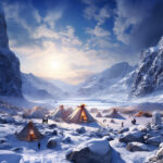 Winterlager mit beleuchteten Zelten in verschneitem Gebirgstal bei Sonnenuntergang | Winter camp with glowing tents in snow-covered mountain valley at sunset