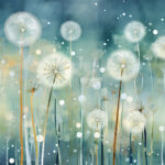 Aquarell mit weißen Pusteblumen auf blau-türkisem Hintergrund, schwebende Samen | Watercolor with white dandelion clocks on blue-teal background, floating seeds