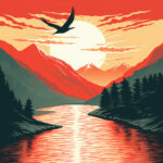 Flachgrafik: Adler fliegt über rot glühenden Fluss, Berge, Tannen bei Sonnenuntergang | Flat art: eagle soaring over red-glowing river, mountains and firs at sunset