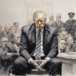 Karikatur: Grimmiger Mann im Anzug sitzt im Gerichtssaal, Hände gefaltet | Caricature: Grim man in suit sitting in courtroom, hands clasped