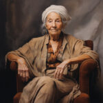 Realistisches Gemälde: Alte Frau mit weißem Turban sitzt würdevoll im Sessel | Realistic painting: elderly woman with white turban sitting dignified in armchair