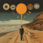 Mann im Anzug am Strand, verbunden mit Sonne; fünf Planeten mit Augen am Sternenhimmel | Man in suit on beach connected to sun; five eye planets in starry sky