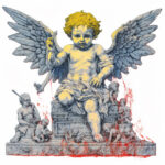 Geflügelter Putto mit goldenen Locken auf Sockel, rote Spritzer, Putten-Skulpturen | Winged putto with golden curls on pedestal, red splatter, cherub sculptures surrounding base