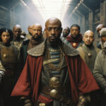 Kahler Krieger in rotem Umhang mit goldenen Rüstungsschultern führt Gefolge an | Bald warrior in red cape with golden armor shoulders leads a group of followers