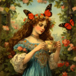 Jugendstil-Illustration: Frau in blauem Kleid mit Monarchfaltern hält Teetasse | Art Nouveau illustration: woman in blue dress with monarch butterflies holds teacup