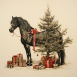 Schwarzes Pferd mit roter Schleife neben geschmücktem Weihnachtsbaum und Geschenken | Black horse with red bow beside decorated Christmas tree and wrapped gifts