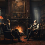 Zwei bärtige Männer sitzen in dunkler Bibliothek am lodernden Kamin in Sesseln | Two bearded men sitting in armchairs by a roaring fireplace in a dark library