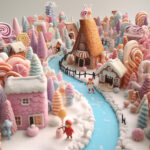 Pastellfarbenes Candy-Dorf mit Lebkuchenhäusern, Lollipops und blauem Fluss | Pastel candy village with gingerbread houses, lollipops and blue river
