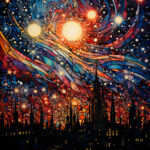 Mosaik-Kunstwerk: Sternenklarer Nachthimmel mit leuchtenden Sonnen über Stadtsilhouette | Mosaic artwork: Starry night sky with glowing suns above dark city skyline silhouette