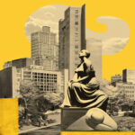 Collage: Sepia-Stadtpanorama mit sitzender Frauenskulptur, gelbem Hintergrund | Collage: sepia city skyline with seated female sculpture against yellow background