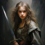 Ölgemälde: Junges Mädchen mit langem Haar hält mittelalterliches Schwert, entschlossener Blick | Oil painting: Young girl with long hair holds medieval sword, determined gaze