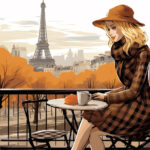Illustration: Blonde Frau im Karomuster-Kleid beim Pariser Café mit Eiffelturm im Herbst | Illustration: Blonde woman in plaid dress at Parisian café with Eiffel Tower in autumn