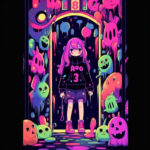 Anime-Mädchen mit lila Haaren in Neon-Umgebung, umgeben von bunten Monstern | Anime girl with purple hair in neon setting, surrounded by colorful cartoon monsters