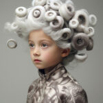 Kind mit surrealer weißer Lockenfrisur aus Spiralen, gemusterter Jacke | Child with surreal white spiral curl wig and patterned jacket