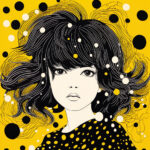 Illustration eines Mädchens mit wehenden schwarzen Haaren, Punkten, gelbem Hintergrund | Illustration of a girl with flowing black hair, polka dots, yellow background