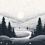 Minimalistische Winterlandschaft mit Tannenbäumen, Schneefall und einsamer Silhouette | Minimalist winter landscape with fir trees, falling snow and a lone human silhouette
