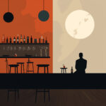 Einsame Silhouette an Bartheke, Vollmond, Flaschen im Regal, orangerote Wand | Lonely silhouette at bar counter, full moon, bottles on shelf, orange-red wall