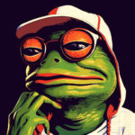 Grüner Frosch mit orangen Augen, roter Kappe und Hoodie, nachdenkliche Pose | Green frog with orange eyes, red cap and hoodie, thoughtful pose