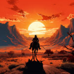 Cowboy-Silhouette auf Pferd reitet in glutroten Wüsten-Sonnenuntergang zwischen Felsen | Cowboy silhouette on horseback riding toward fiery desert sunset between canyon walls