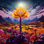 Goldene Lotusblüte über surrealer Wüstenlandschaft mit lila Knospen und Mondlicht | Golden lotus bloom over surreal desert landscape with purple buds and moonlight