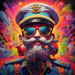 Psychedelischer Kapitän mit weißem Bart, Sonnenbrille und Uniform in Neonfarben | Psychedelic captain with white beard, sunglasses and uniform in neon colors