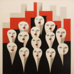 Konstruktivistische Gruppe weißer Maskengesichter mit roten Lippen vor geometrischem Hintergrund | Constructivist group of white mask-faces with red lips against geometric red-black background