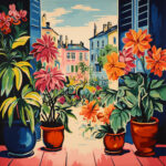 Bunter Balkon mit Topfpflanzen, Dahlien in Pink und Orange, Stadtkulisse im Hintergrund | Colorful balcony with potted plants, pink and orange dahlias, urban skyline in background