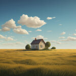 Einsames Steinhaus mit rotem Schornstein in weitem goldenen Getreidefeld unter blauem Himmel | Lonely stone cottage with red chimney in vast golden grain field under blue cloudy sky