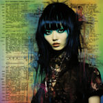 Cyberpunk-Porträt einer Frau mit schwarzem Pony, grünem Make-up, Schmuck vor Texthintergrund | Cyberpunk portrait of woman with black bangs, green eye makeup, jewelry against text background