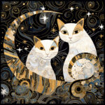 Zwei weiß-goldene Katzen im Art-Déco-Stil, Spiralen und Sterne auf schwarzem Grund | Two white-gold cats in Art Deco style, spirals and stars on black background