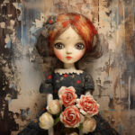 Vintage Kunstpuppe mit roten Haaren hält Rosen, vor abgeblätterter Wand | Vintage art doll with red hair holding roses against peeling paint wall