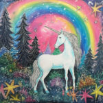 Weißes Einhorn mit Horn vor Regenbogen, Tannen, Sternen und Blumen, Aquarell | White unicorn with horn before rainbow, fir trees, stars and flowers, watercolor