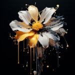 Digitale Blüte aus weißer, goldener und schwarzer Farbe mit Tropfen auf dunklem Grund | Digital flower made of white, gold and black paint with drips on dark background