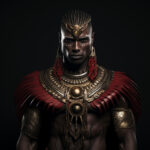 Krieger-König mit goldenem Brustschmuck, roten Federn und weißer Gesichtsbemalung | Warrior king with golden chest armor, red feathers and white facial markings
