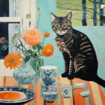 Getigerte Katze sitzt auf gestreiftem Tisch mit orangefarbenen Blumen und Porzellan | Tabby cat sits on striped table with orange flowers and porcelain, painted style
