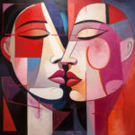 Kubistisches Gemälde zweier sich küssender Gesichter in Rot, Pink und Blau | Cubist painting of two kissing faces in red, pink and blue tones