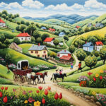 Naive Dorfszene mit Ochsenkarren, Bauern und bunten Häusern in hügeliger Landschaft | Naive village scene with ox cart, farmers and colorful houses in hilly landscape