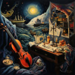 Surreales Ölgemälde: Geige, Schreibtisch mit Noten, Mondnacht, Segelschiff | Surreal oil painting: violin, desk with sheet music, moonlit night, sailing ship