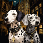 Zwei Dalmatiner mit Goldhalsbändern vor nächtlicher Stadtkulisse, digitale Illustration | Two Dalmatians with gold collars against a nocturnal cityscape, digital illustration
