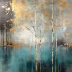 Abstrakte Birken in Gold und Türkis, neblige Waldlandschaft mit Wasserreflexion | Abstract birches in gold and teal, misty forest landscape with water reflection