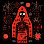 Rot-schwarze Illustration: Skelettfigur in roter Kapuze, umgeben von Spinnennetzen | Red-black illustration: skeleton figure in red hood surrounded by spider webs