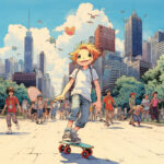 Anime-Junge mit blonden Haaren skateboarded lächelnd durch belebte Stadtkulisse | Anime boy with blonde hair skateboarding through busy city landscape, smiling