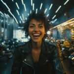 Lachende Frau in Lederjacke, zerzaustes Haar, Motorradhalle mit Neonlicht | Laughing woman in leather jacket, tousled hair, motorcycle hall with neon lights