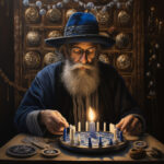 Alter Zauberer mit blauem Hut zündet Kerzen auf dekorativem Tablett an | Elderly wizard in blue hat lighting candles on decorative tray with symbols