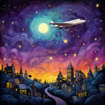 Flugzeug über märchenhafter Nachtstadt, Vollmond, Sterne, Van-Gogh-Stil | Airplane over fairy-tale night town, full moon, stars, Van Gogh style