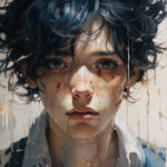 Aquarell-Portrait: Junge mit dunklen Locken, intensivem Blick, Farbspuren im Gesicht | Watercolor portrait: boy with dark curls, intense gaze, paint drips on face