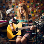 Junge Frau spielt gelbe Akustikgitarre in buntem, kreativem Musikzimmer | Young woman playing yellow acoustic guitar in colorful, creative music room