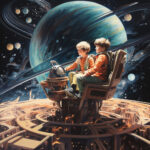 Zwei Jungen in orange Shirts steuern ein Raumschiff vor riesigem Ringplaneten | Two boys in orange shirts pilot a spacecraft before a giant ringed planet